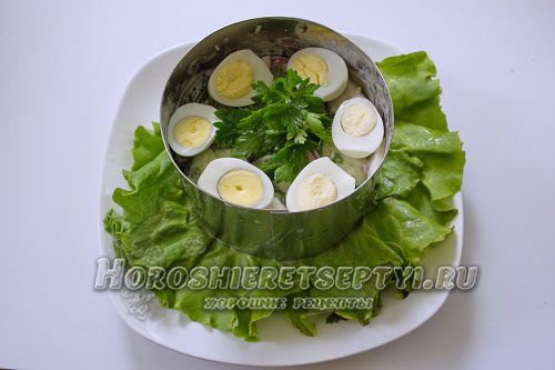 Салат с перепелиными яйцами черемшой огурцами